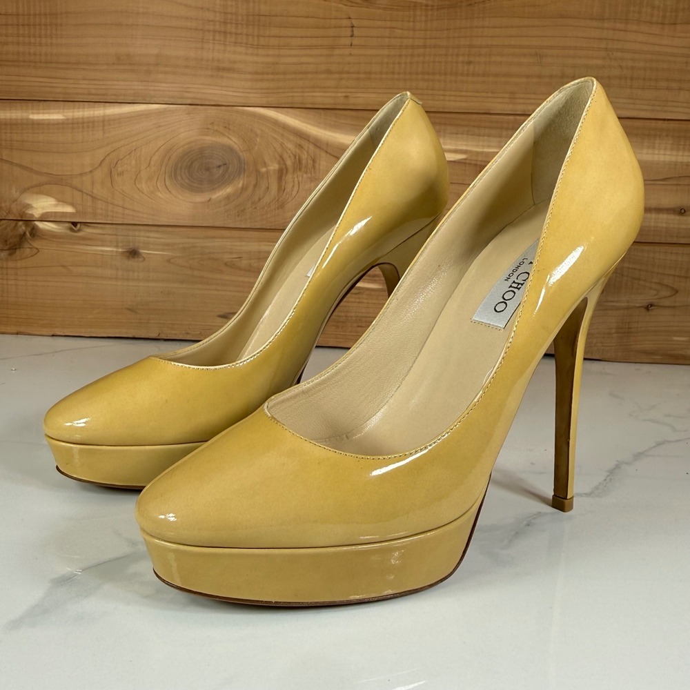 Jimmy Choo Yellow Patent Leather Platform Pumps Stiletto Heels Womens 39 Italy